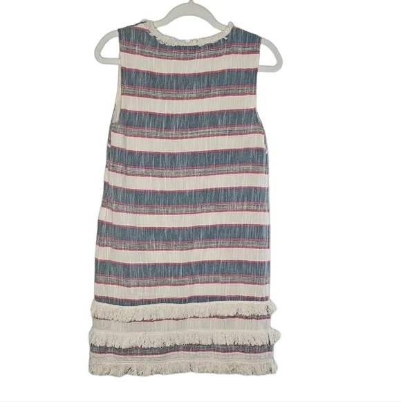 Holding Horses Anthropologies Cream & blue & red stripes w/ fringe v-neck size 6 - Picture 6 of 13
